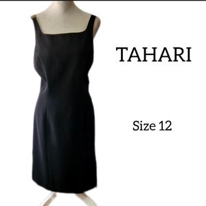 TAHARI BLACK DRESS METAL DETAILS ON SHOULDERS SIZE 12 SPAGHETTI STRAPS BACK